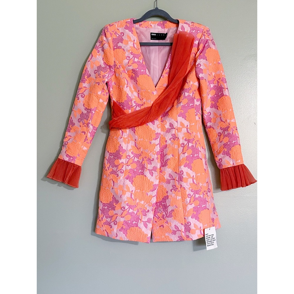 ASOS LUXE Plunge Neck Blazer Dress in Jacquard Floral With Ruffle Cuffs Size 4